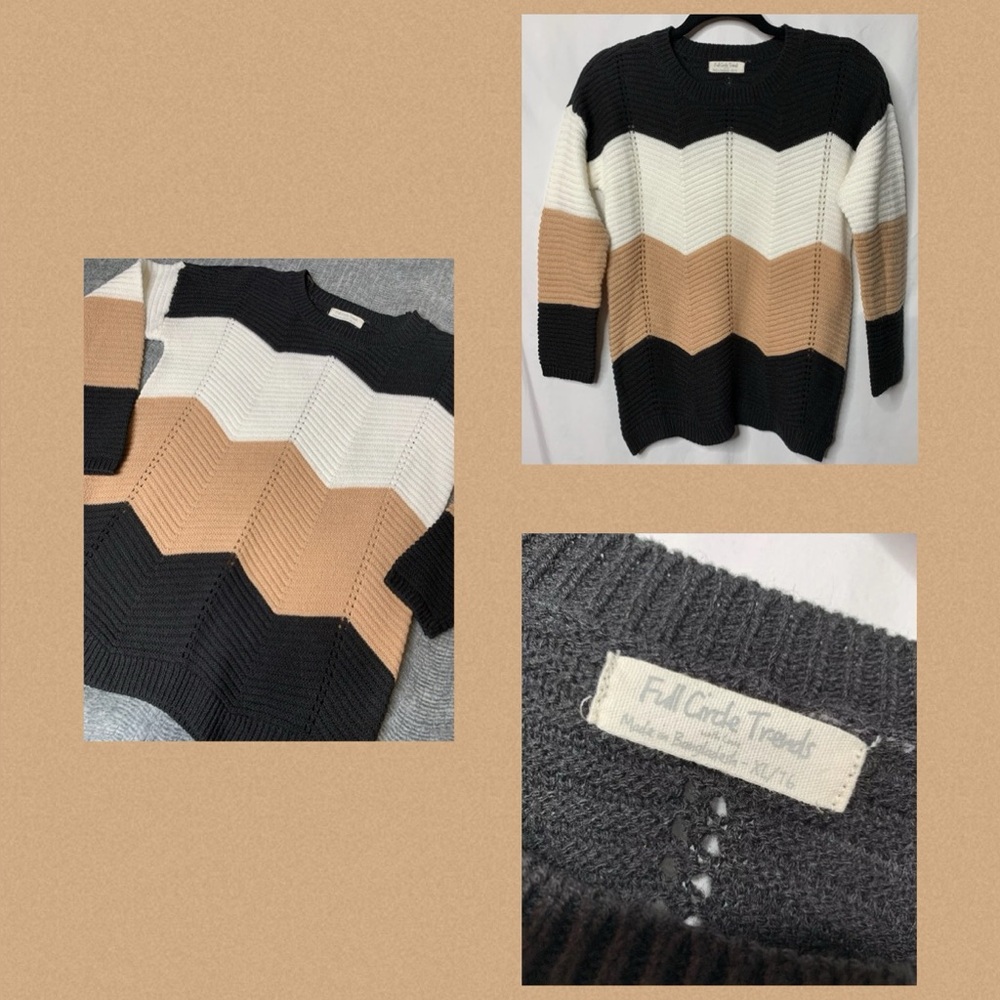 3/$20 Full Circle Trends Stylish Chevron Knit Sweater - Black, White, & Tan XL